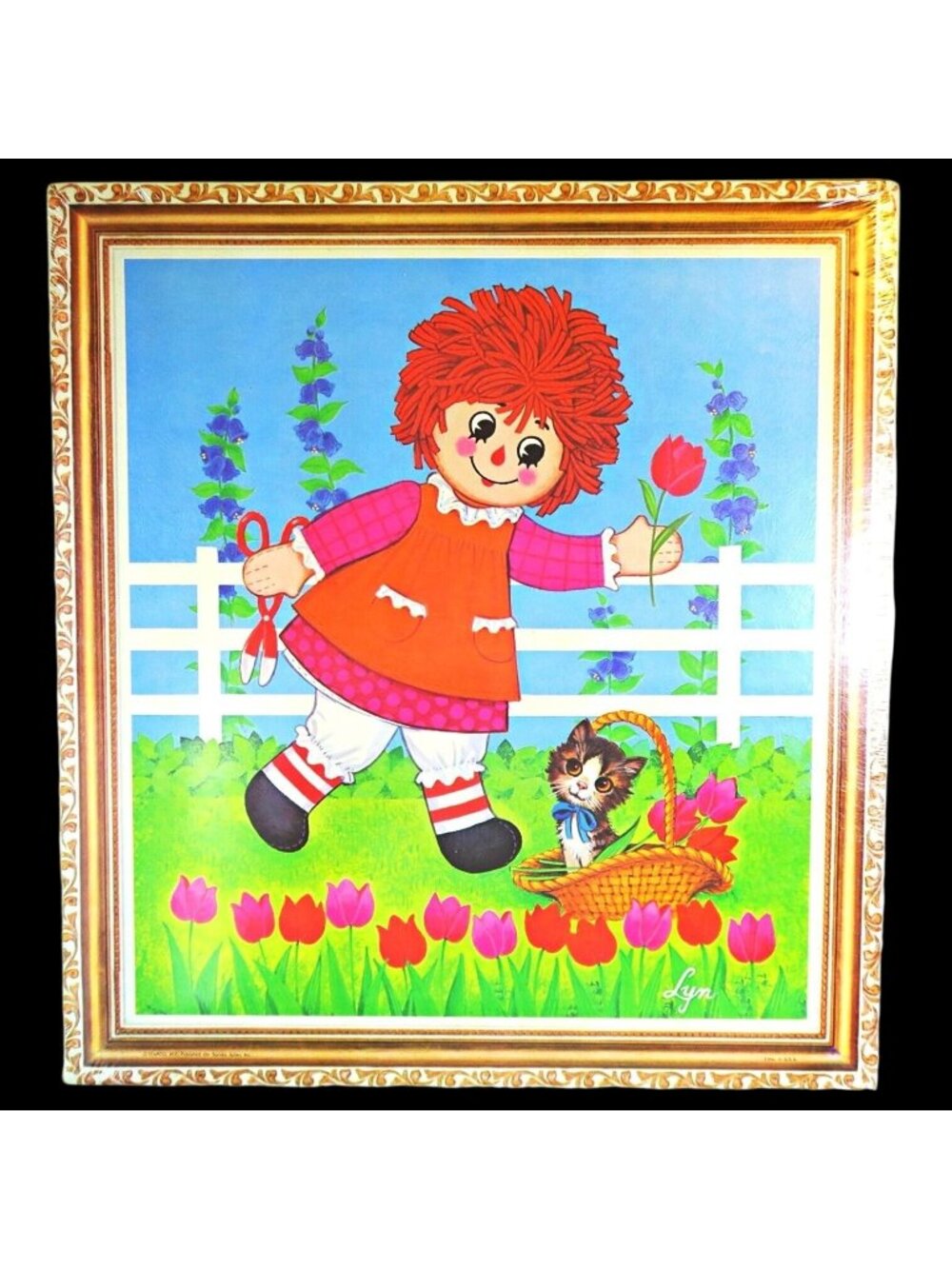 Raggedy Ann Tulips Cat Corkboard Wall Plaque Vintage 1970s Soroka Stapco Lyn NOS